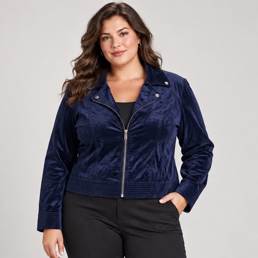 Chico's Velvet Moto Jacket Women 3 Navy Blue Zip Up Luxe Soft Fall Winter Biker